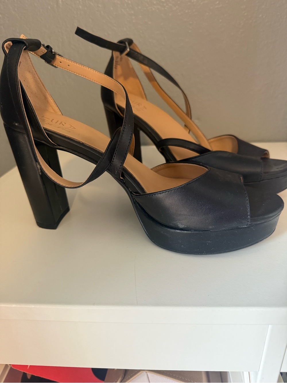 Naturalizer Black Leather Strappy Platform Heels